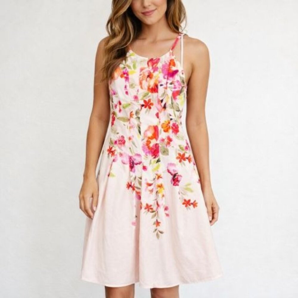 Adrianna Papell Floral Border Short Dress Size 16 Champagne Multi With Tags